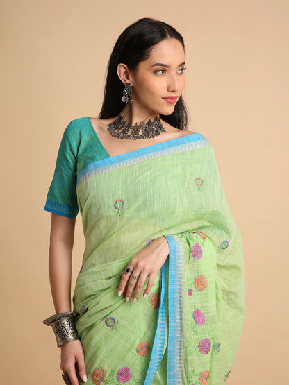 Pure Cotton Handloom Embroidered Saree with Blouse Piece