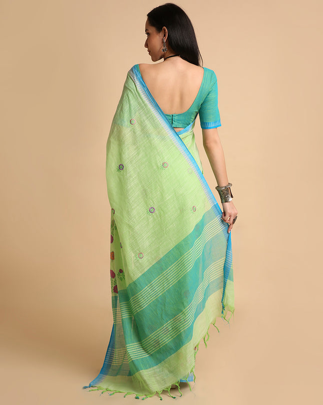 Pure Cotton Handloom Embroidered Saree with Blouse Piece
