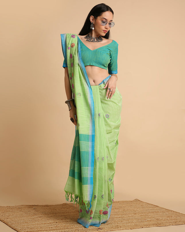 Pure Cotton Handloom Embroidered Saree with Blouse Piece