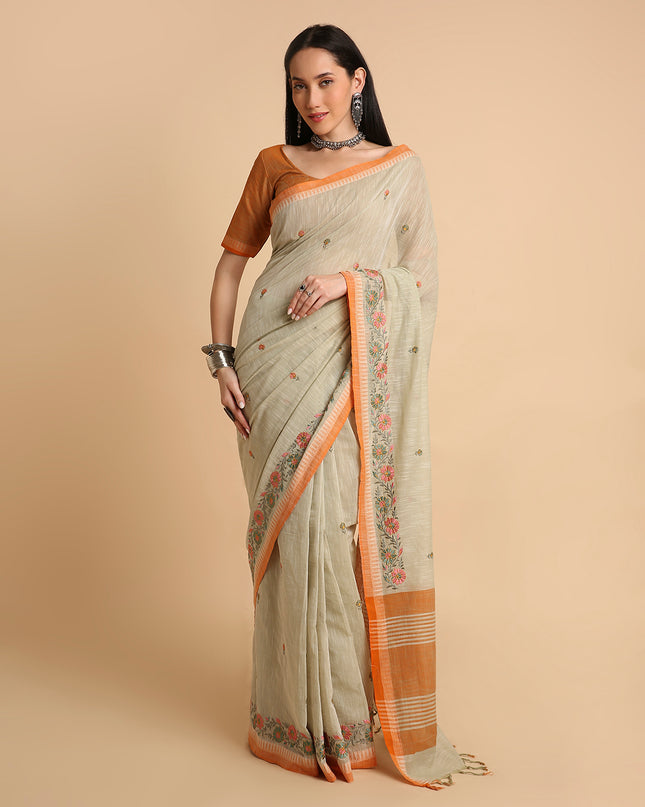 Pure Cotton Handloom Embroidered Saree with Blouse Piece