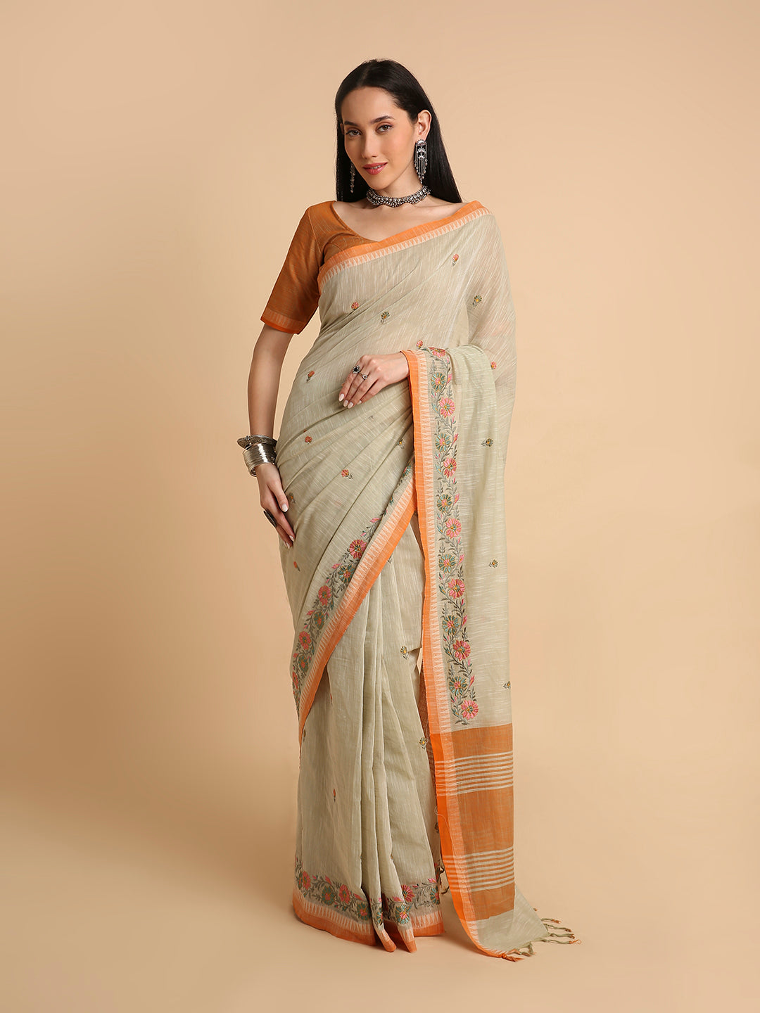 Pure Cotton Handloom Embroidered Saree with Blouse Piece