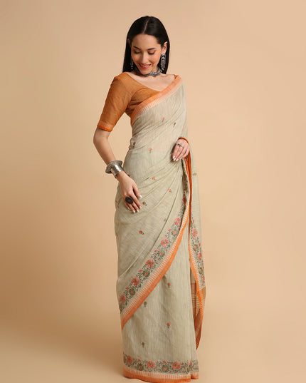 Pure Cotton Handloom Embroidered Saree with Blouse Piece