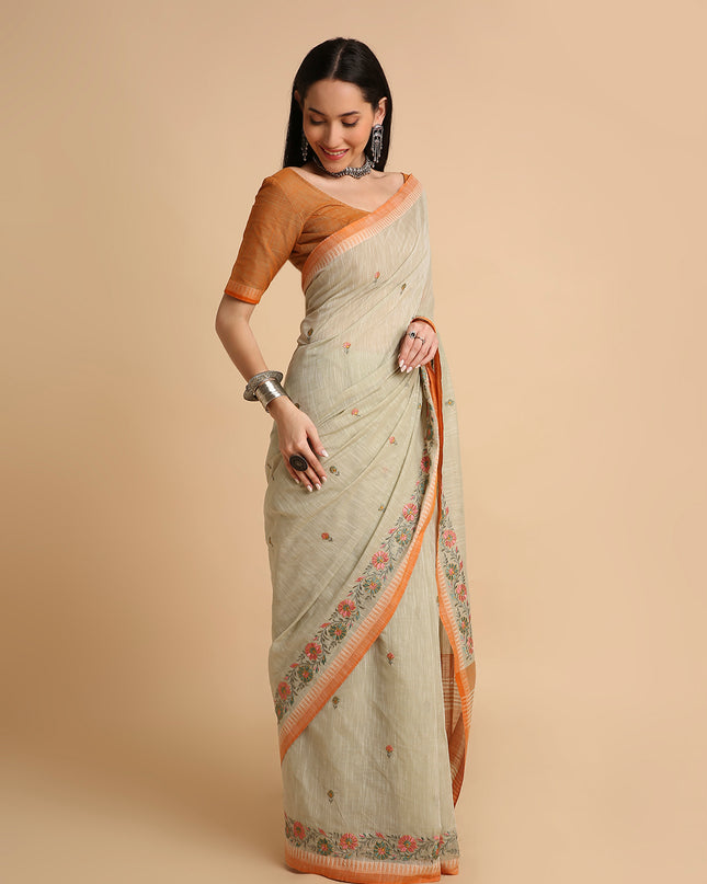 Pure Cotton Handloom Embroidered Saree with Blouse Piece