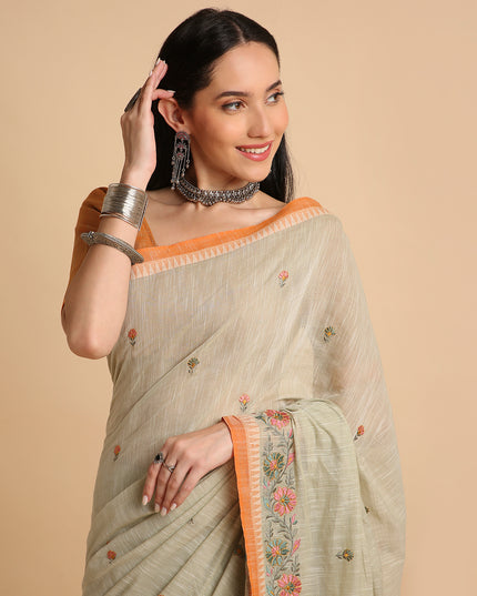 Pure Cotton Handloom Embroidered Saree with Blouse Piece