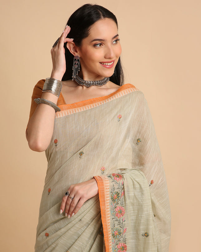 Pure Cotton Handloom Embroidered Saree with Blouse Piece