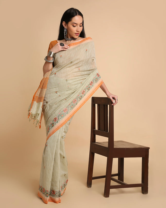 Pure Cotton Handloom Embroidered Saree with Blouse Piece