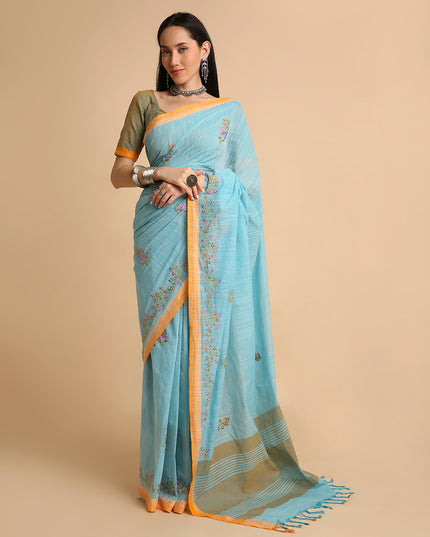 Pure Cotton Handloom Embroidered Saree with Blouse Piece