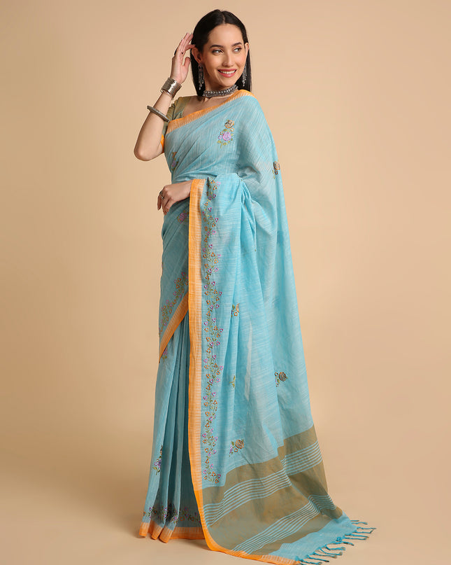 Pure Cotton Handloom Embroidered Saree with Blouse Piece