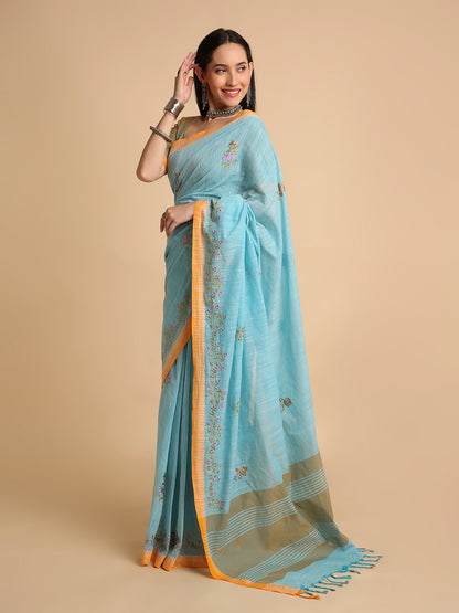Pure Cotton Handloom Embroidered Saree with Blouse Piece