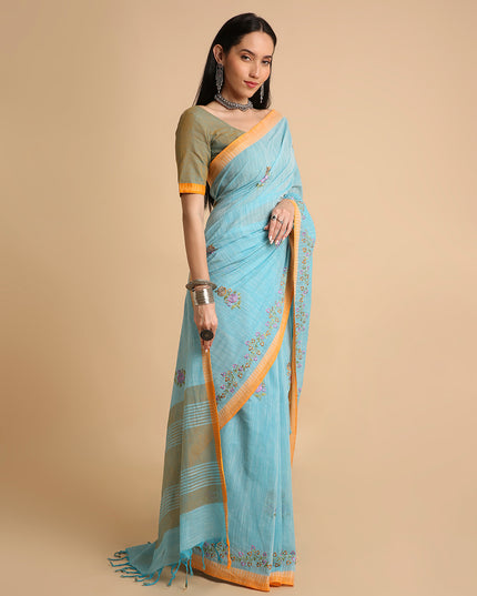 Pure Cotton Handloom Embroidered Saree with Blouse Piece