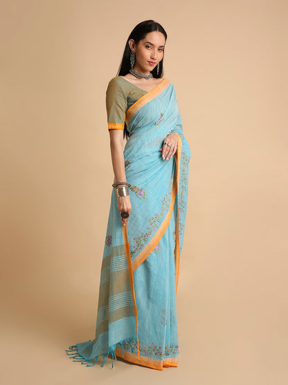 Pure Cotton Handloom Embroidered Saree with Blouse Piece