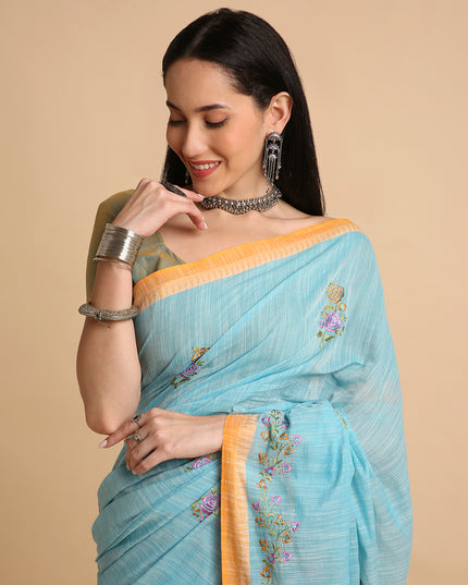 Pure Cotton Handloom Embroidered Saree with Blouse Piece