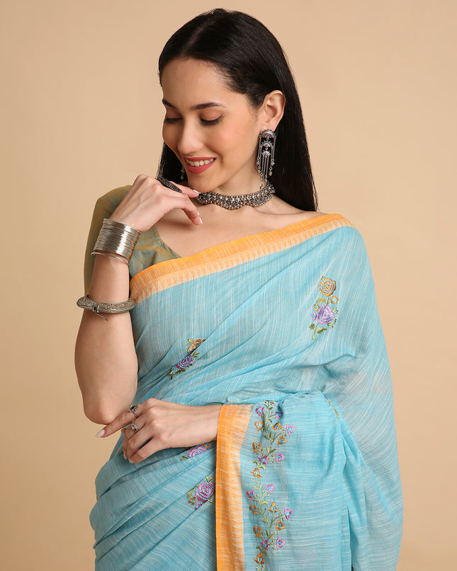 Pure Cotton Handloom Embroidered Saree with Blouse Piece