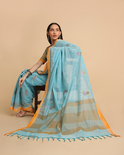 Pure Cotton Handloom Embroidered Saree with Blouse Piece