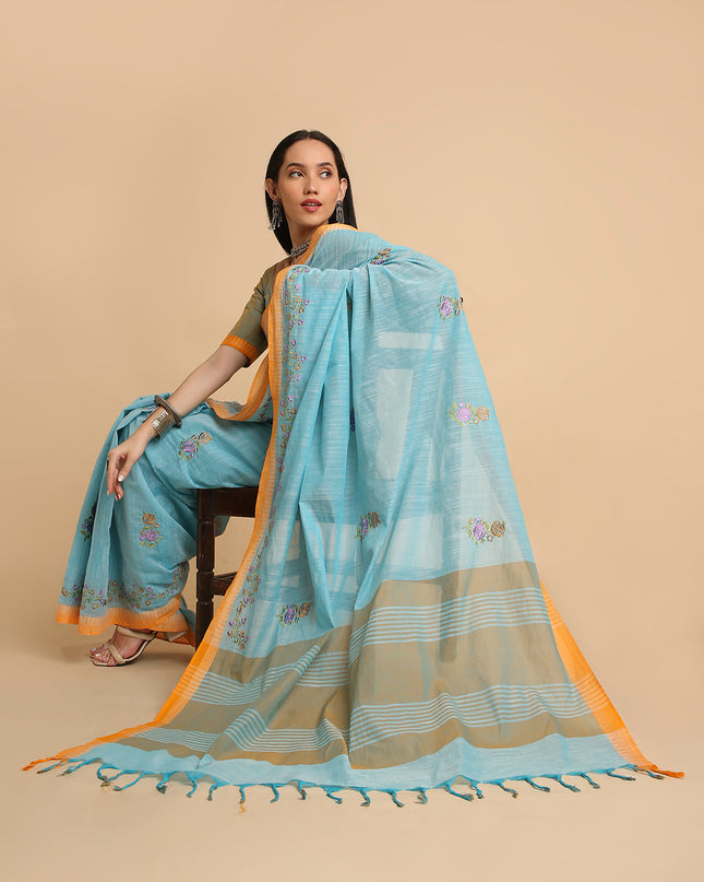 Pure Cotton Handloom Embroidered Saree with Blouse Piece