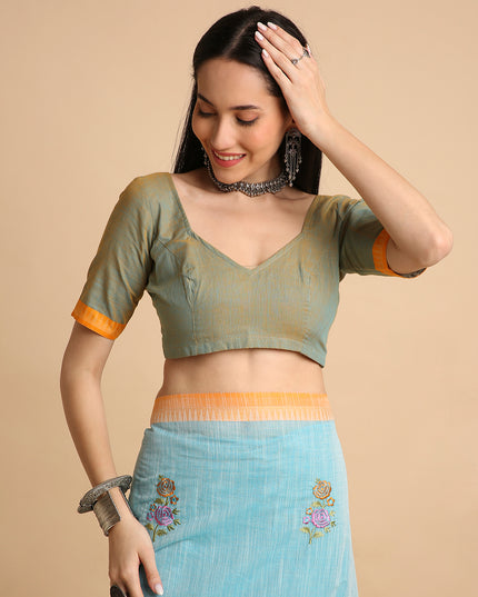 Pure Cotton Handloom Embroidered Saree with Blouse Piece