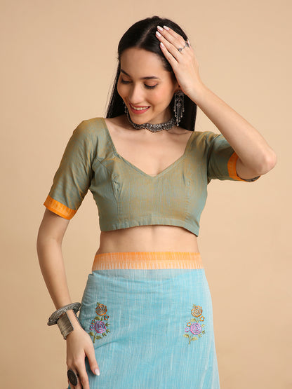 Pure Cotton Handloom Embroidered Saree with Blouse Piece