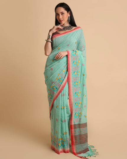 Pure Cotton Handloom Embroidered Saree with Blouse Piece