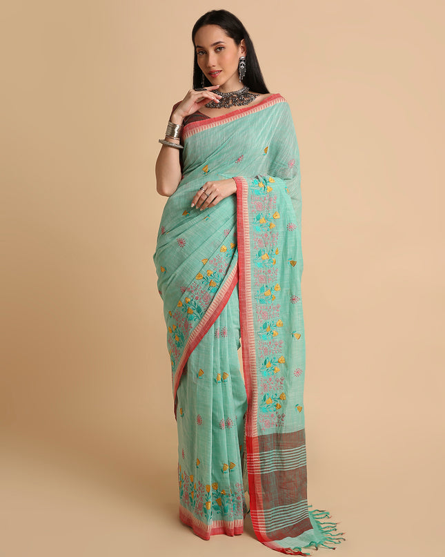 Pure Cotton Handloom Embroidered Saree with Blouse Piece