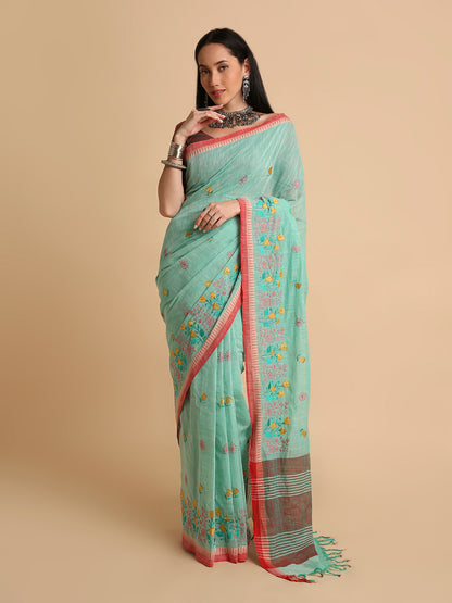 Pure Cotton Handloom Embroidered Saree with Blouse Piece