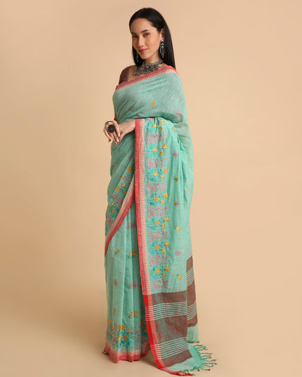 Pure Cotton Handloom Embroidered Saree with Blouse Piece