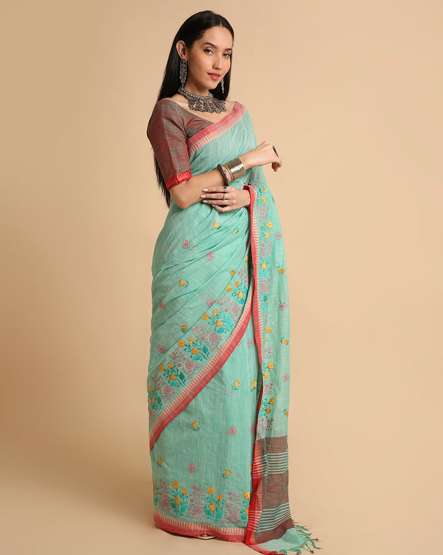 Pure Cotton Handloom Embroidered Saree with Blouse Piece
