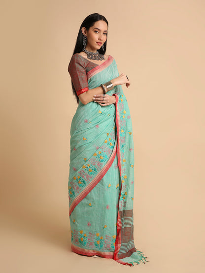 Pure Cotton Handloom Embroidered Saree with Blouse Piece