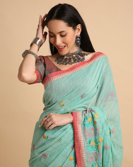 Pure Cotton Handloom Embroidered Saree with Blouse Piece