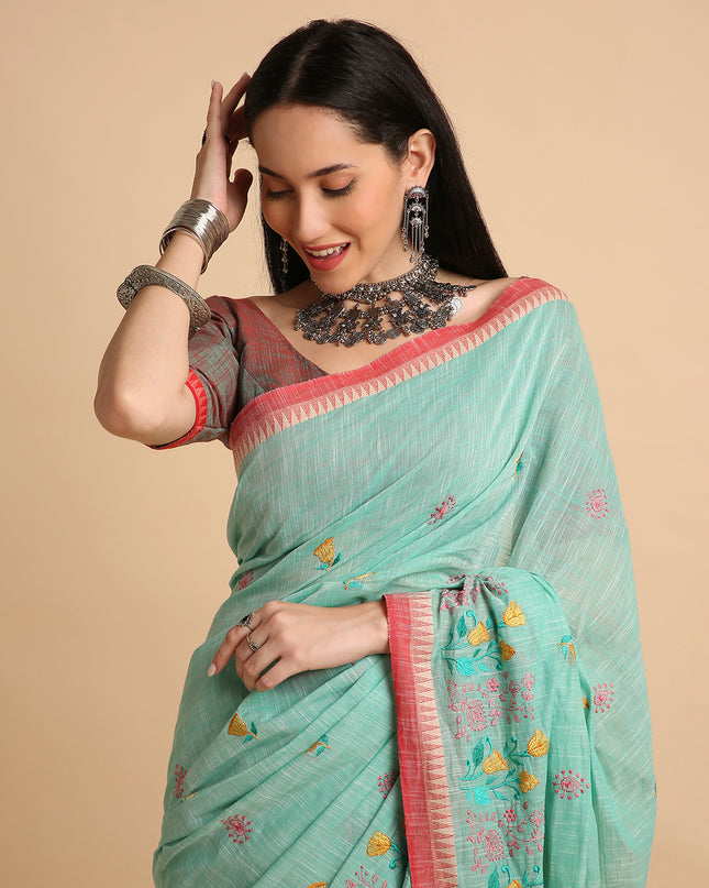 Pure Cotton Handloom Embroidered Saree with Blouse Piece