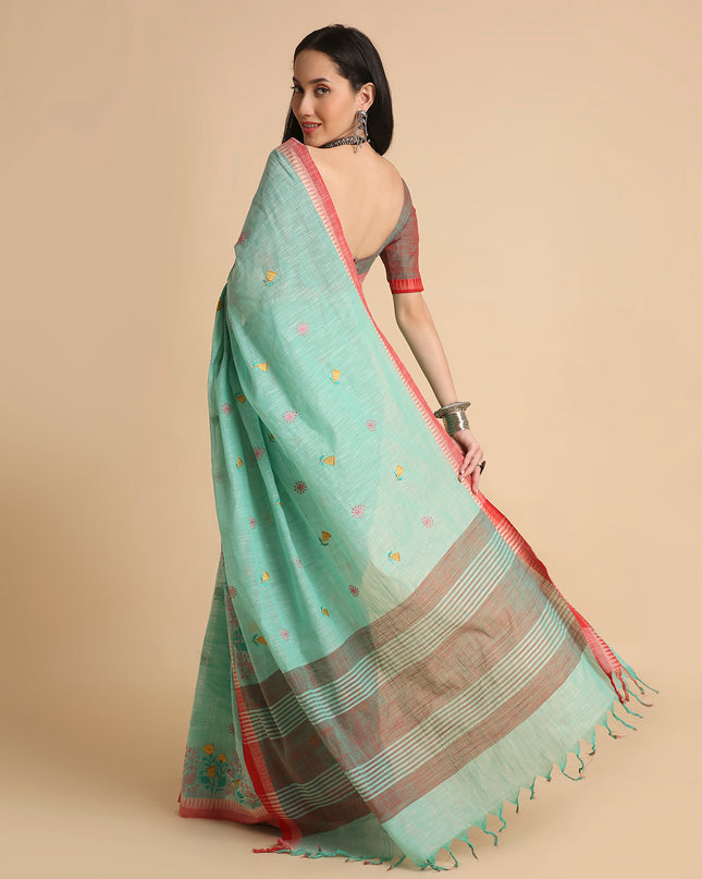 Pure Cotton Handloom Embroidered Saree with Blouse Piece