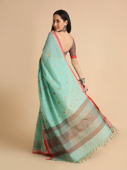 Pure Cotton Handloom Embroidered Saree with Blouse Piece