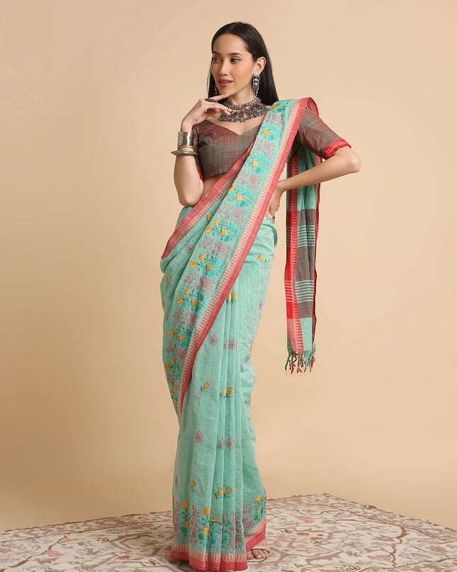 Pure Cotton Handloom Embroidered Saree with Blouse Piece