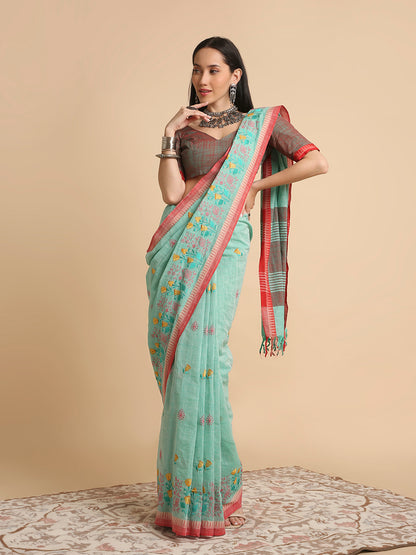Pure Cotton Handloom Embroidered Saree with Blouse Piece