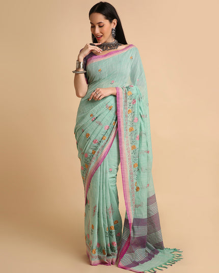 Pure Cotton Handloom Embroidered Saree with Blouse Piece