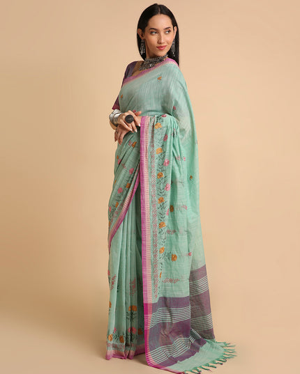 Pure Cotton Handloom Embroidered Saree with Blouse Piece