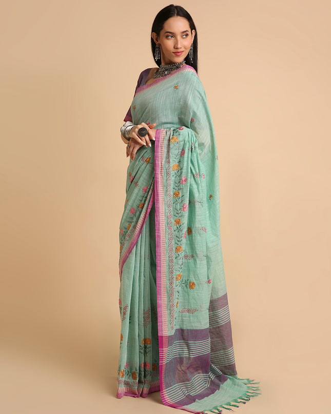 Pure Cotton Handloom Embroidered Saree with Blouse Piece