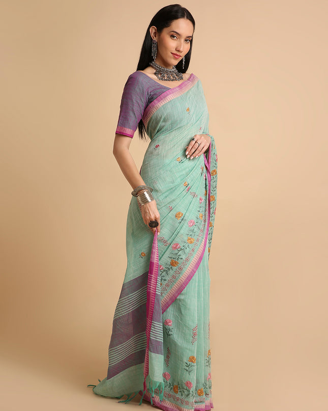 Pure Cotton Handloom Embroidered Saree with Blouse Piece