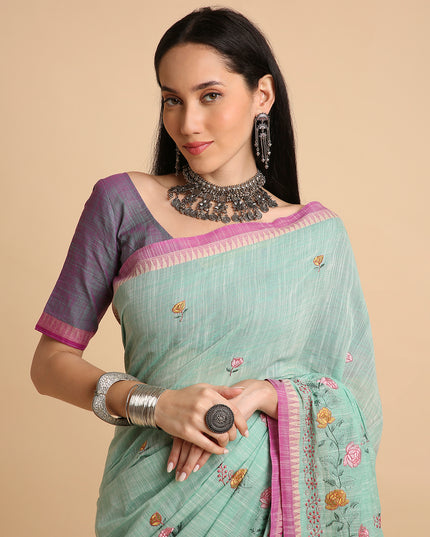 Pure Cotton Handloom Embroidered Saree with Blouse Piece