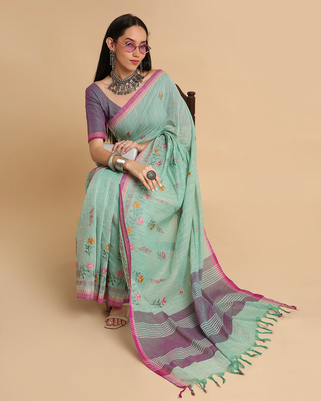 Pure Cotton Handloom Embroidered Saree with Blouse Piece
