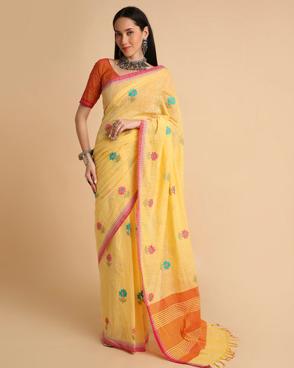 Pure Cotton Handloom Embroidered Saree with Blouse Piece