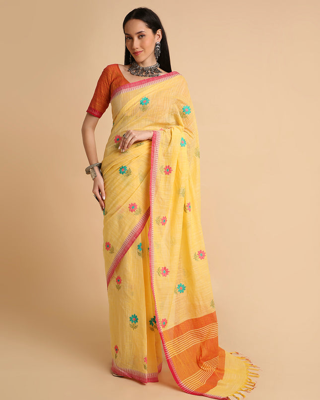 Pure Cotton Handloom Embroidered Saree with Blouse Piece