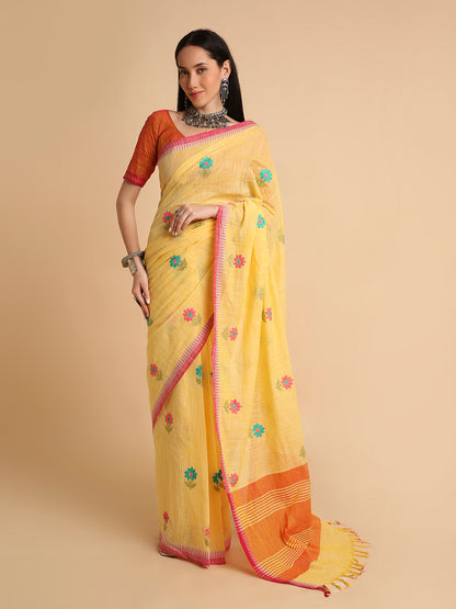 Pure Cotton Handloom Embroidered Saree with Blouse Piece