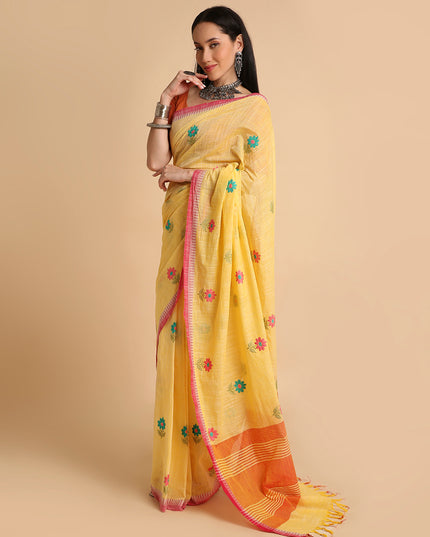 Pure Cotton Handloom Embroidered Saree with Blouse Piece