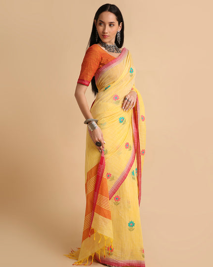 Pure Cotton Handloom Embroidered Saree with Blouse Piece