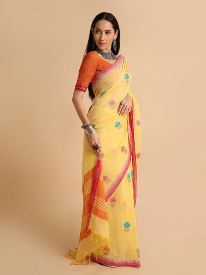 Pure Cotton Handloom Embroidered Saree with Blouse Piece