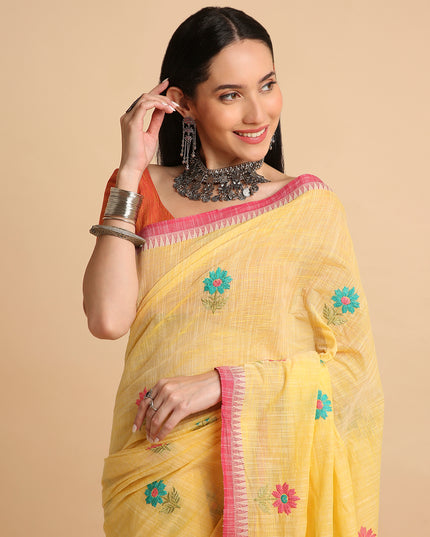 Pure Cotton Handloom Embroidered Saree with Blouse Piece