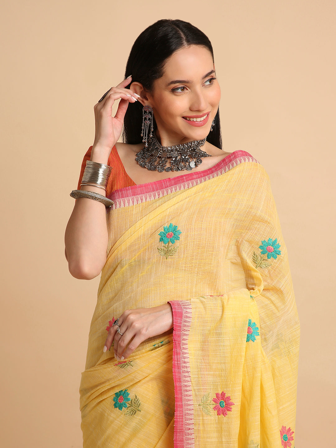 Pure Cotton Handloom Embroidered Saree with Blouse Piece