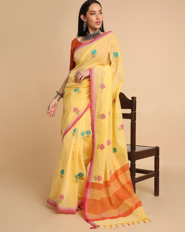 Pure Cotton Handloom Embroidered Saree with Blouse Piece