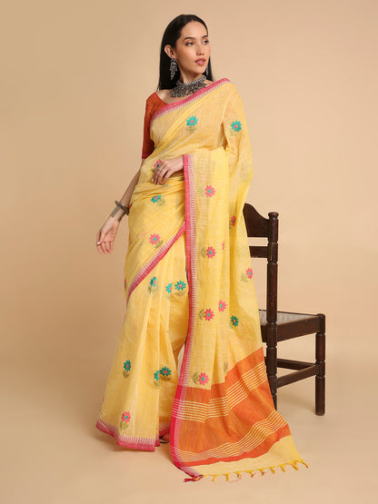 Pure Cotton Handloom Embroidered Saree with Blouse Piece