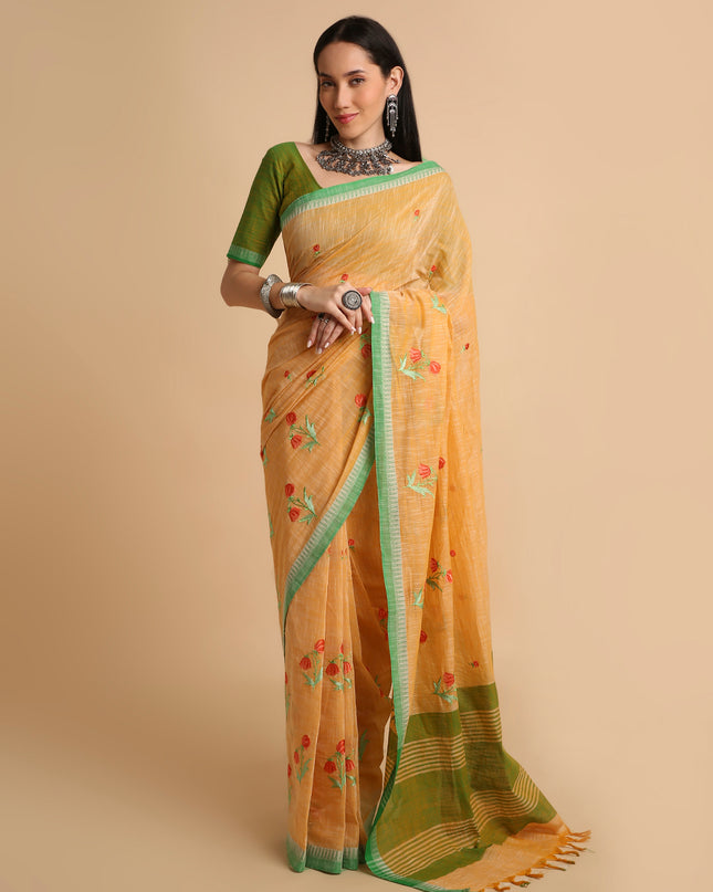 Pure Cotton Handloom Embroidered Saree with Blouse Piece